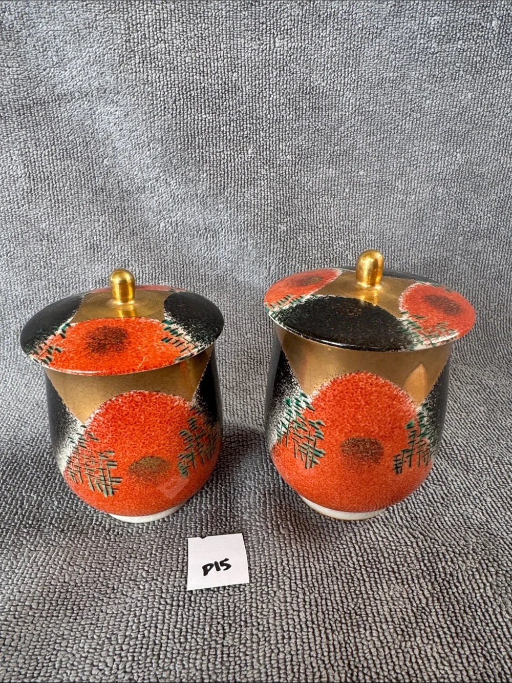 Rare Vintage Kutani Ryuho Japanese Lidded Tea Cups Pair Hand Painted Set